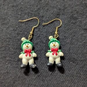 Vintage White Snowman With Red and Green Accents Statement Earrings